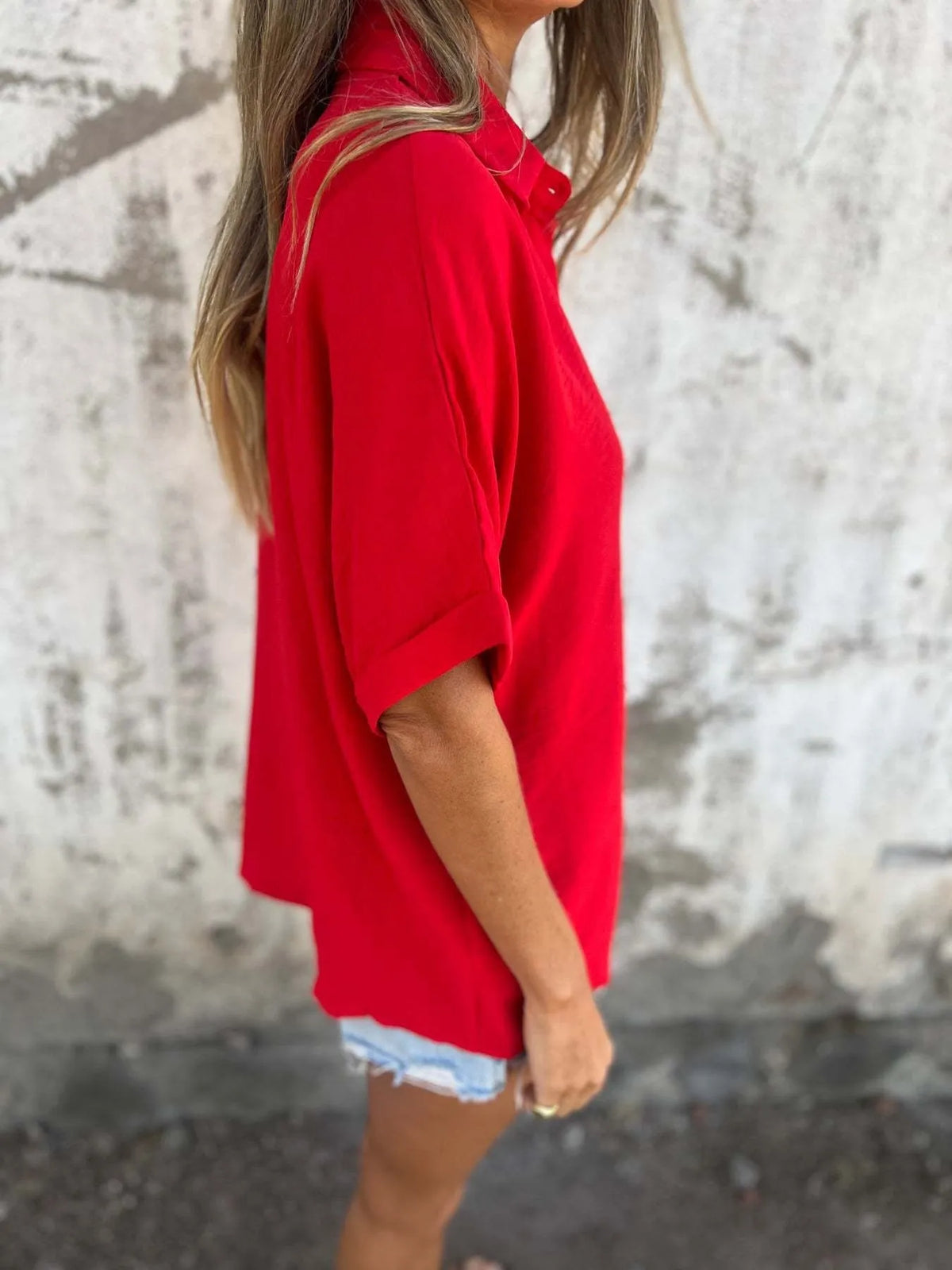 Full Size Casual Button Down Short Sleeve Loose Shirt Plus (9)