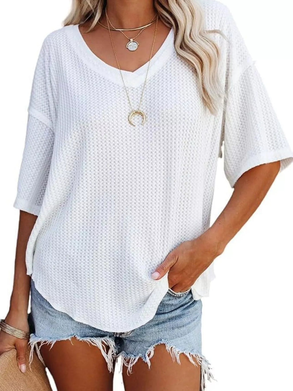 Waffle Knit V-neck Short Sleeve T-shirt
