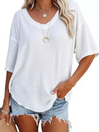Waffle Knit V-neck Short Sleeve T-shirt