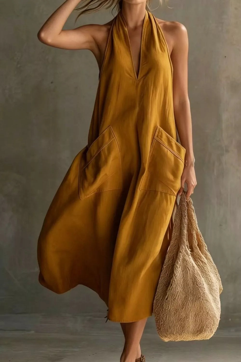 Casual Halter Neck Pocket Midi Dress (10)