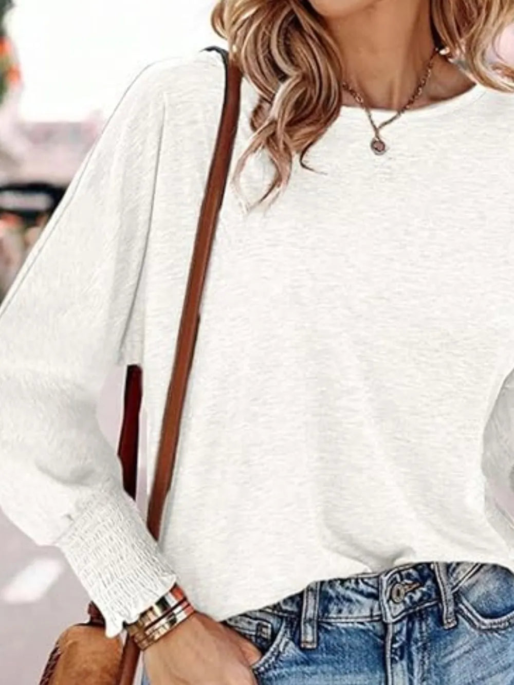 Round Neck Smocked Lantern Sleeve T-shirt (9)