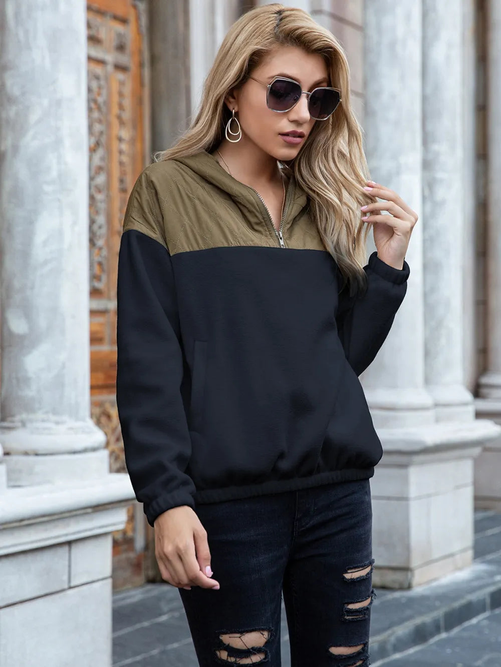 Pocketed Block Quarter Zip Hoodie (6)