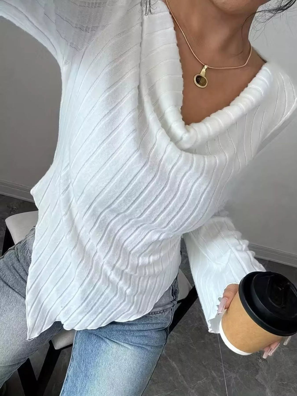 Cowl Neck Ribbed Knit T-shirt (3)