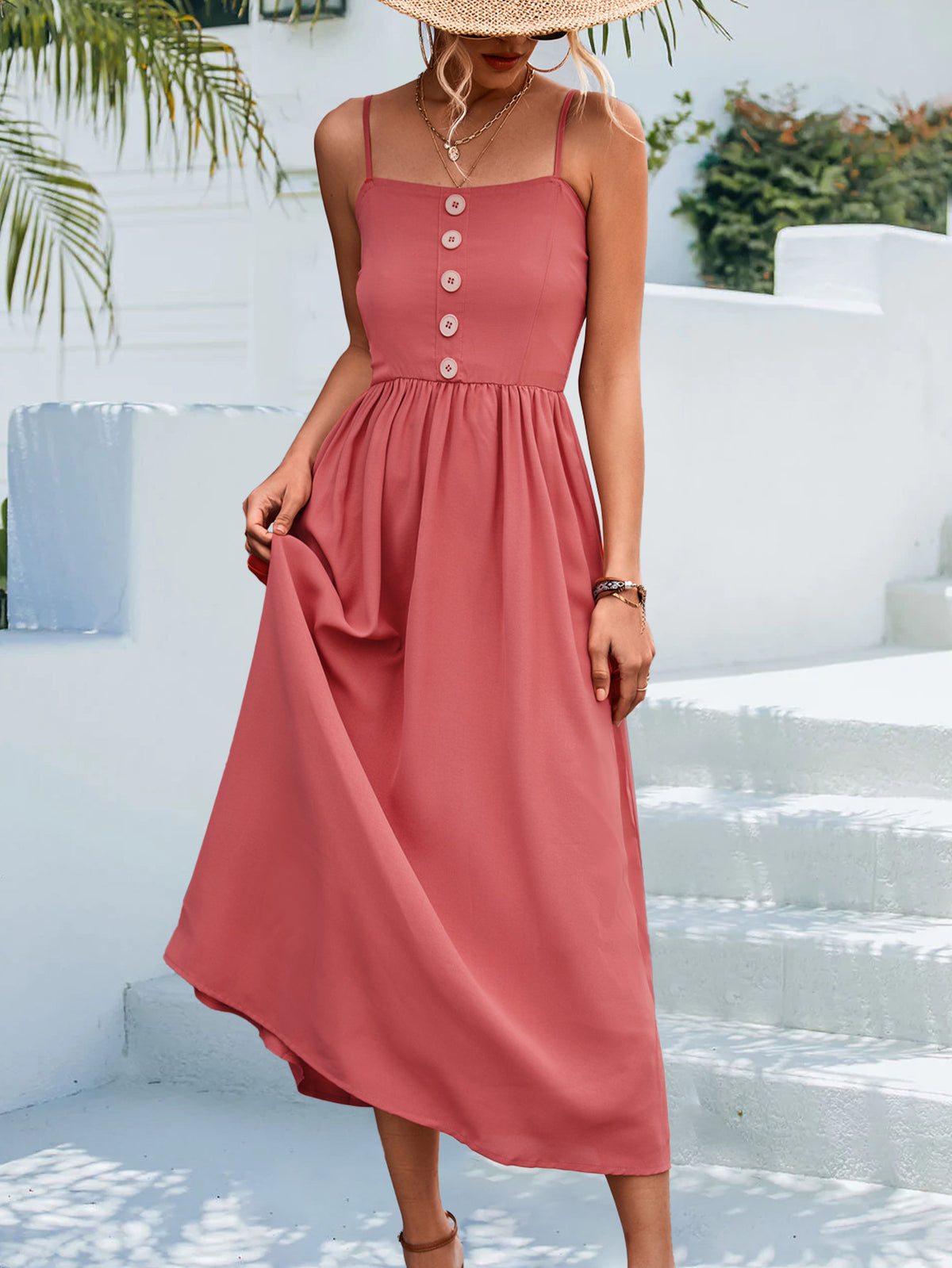 Decorative Button Spaghetti Strap Midi Dress (4)