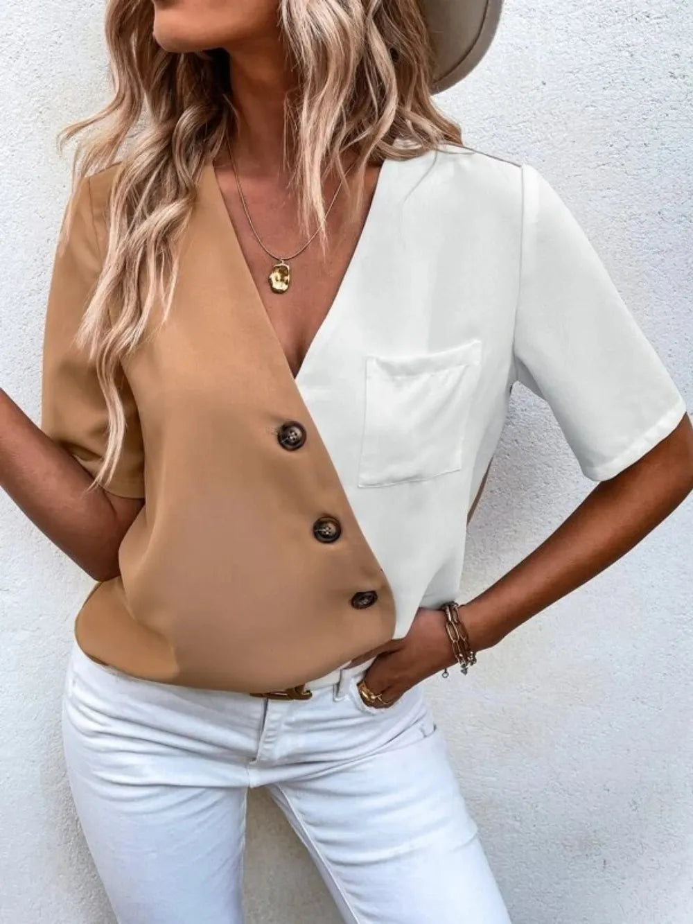Decorative Button Surplice Short Sleeve Blouse (5)