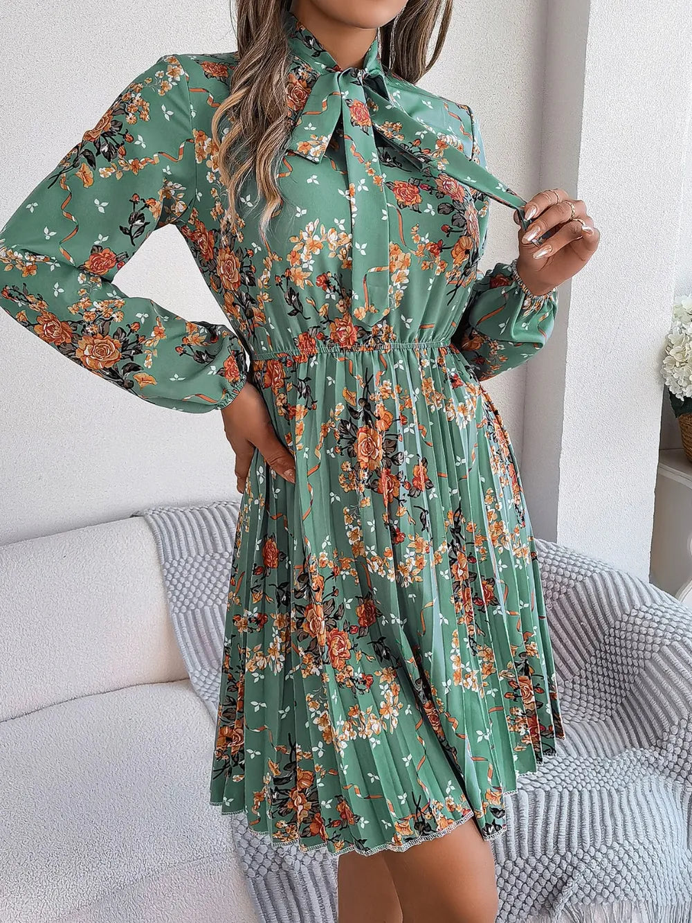 Pleated Printed Tie Neck Long Sleeve Dress (10)