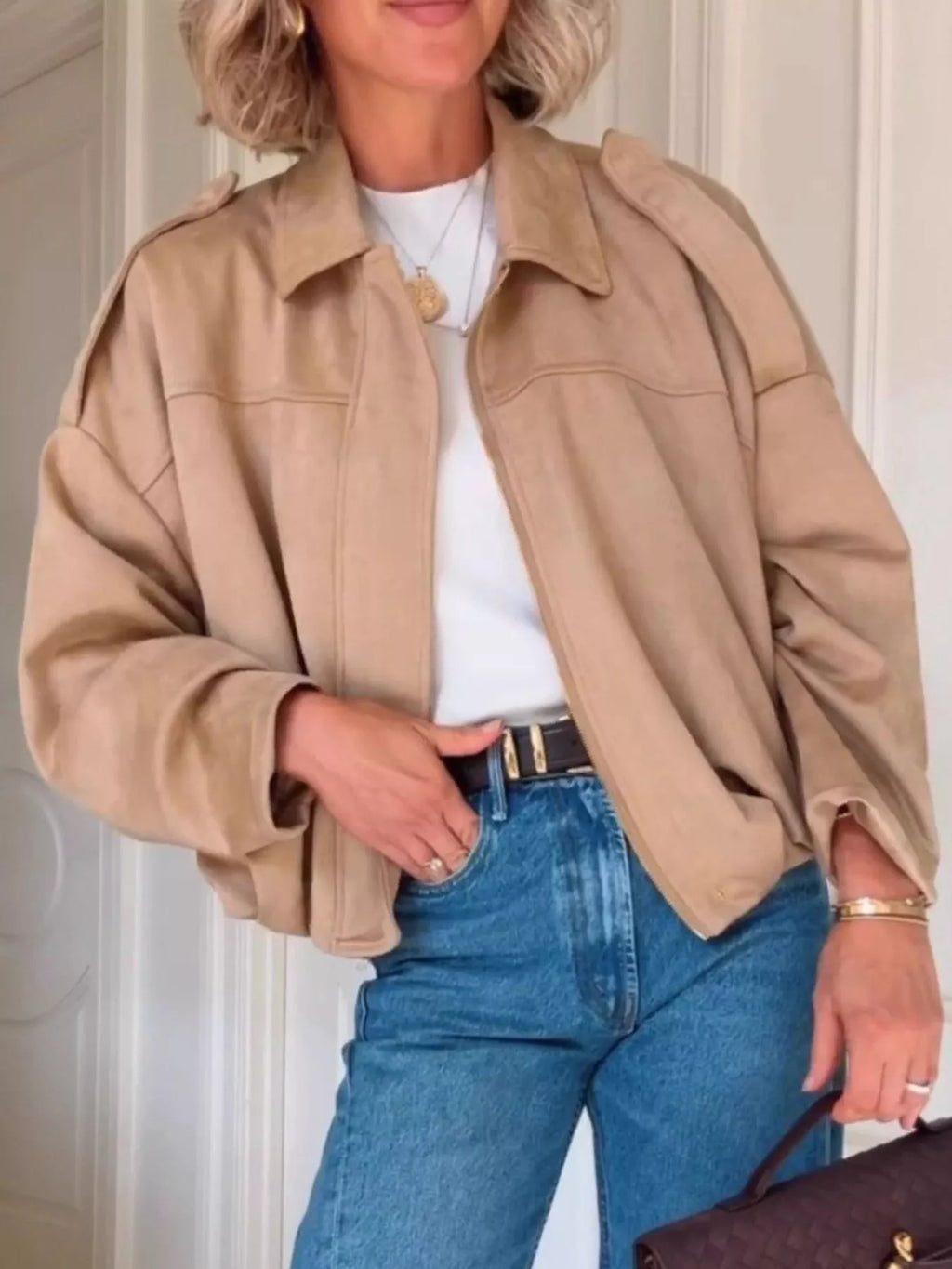 Zip Up Dropped Shoulder Suede Jacket