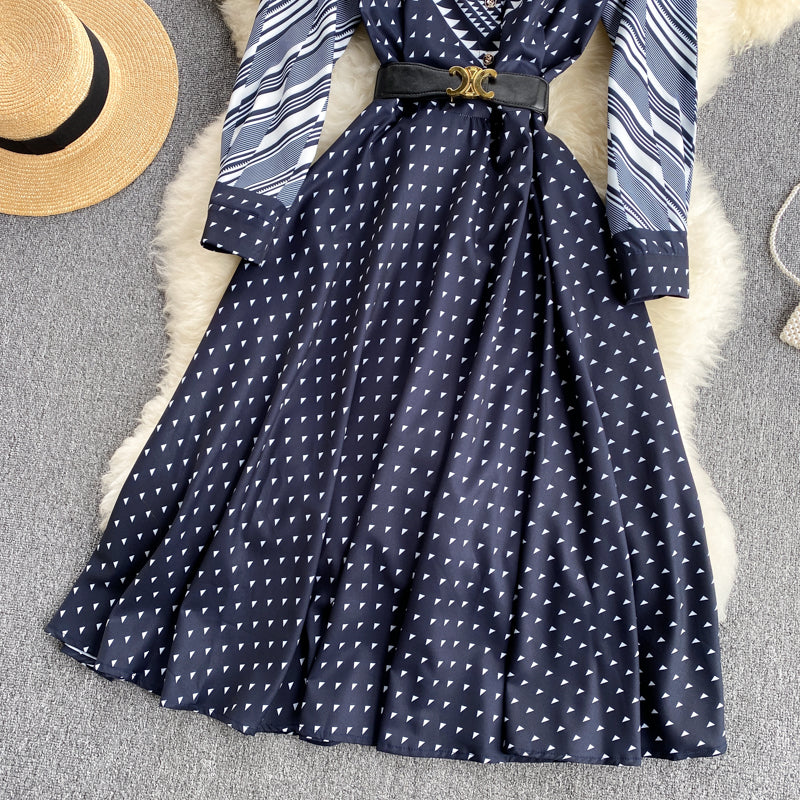 Color-blocking Striped Print Slim Mid-length Retro Dress photo 2