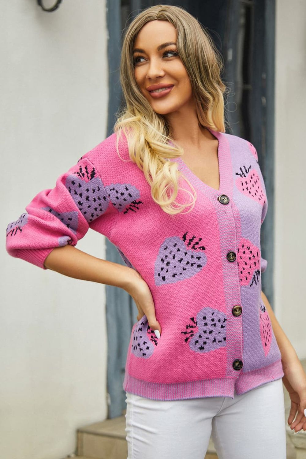 Printed V-neck Button-down Long Sleeve Cardigan (12)