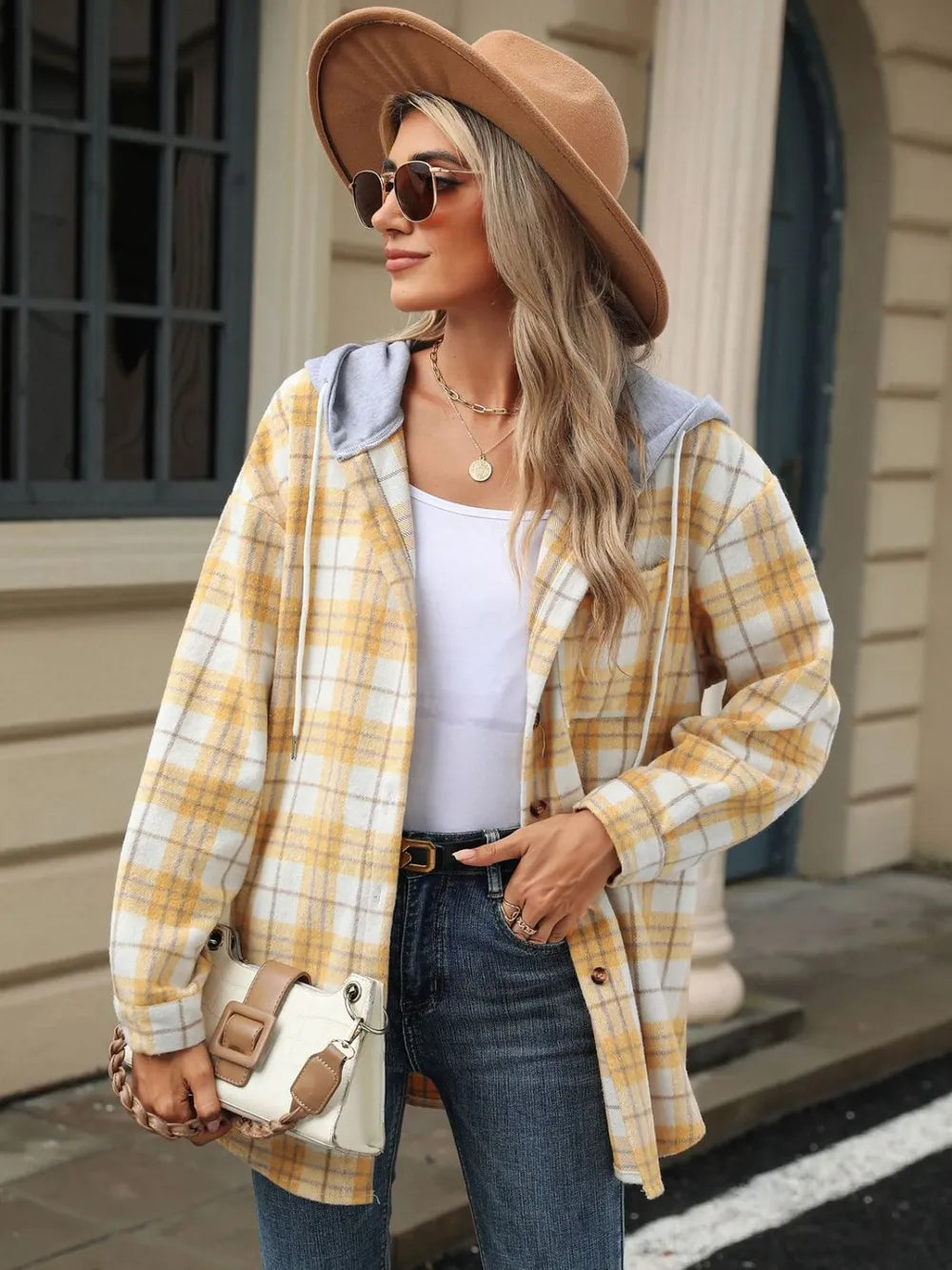 Drawstring Plaid Button Up Hooded Jacket (11)