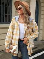 Drawstring Plaid Button Up Hooded Jacket (11)