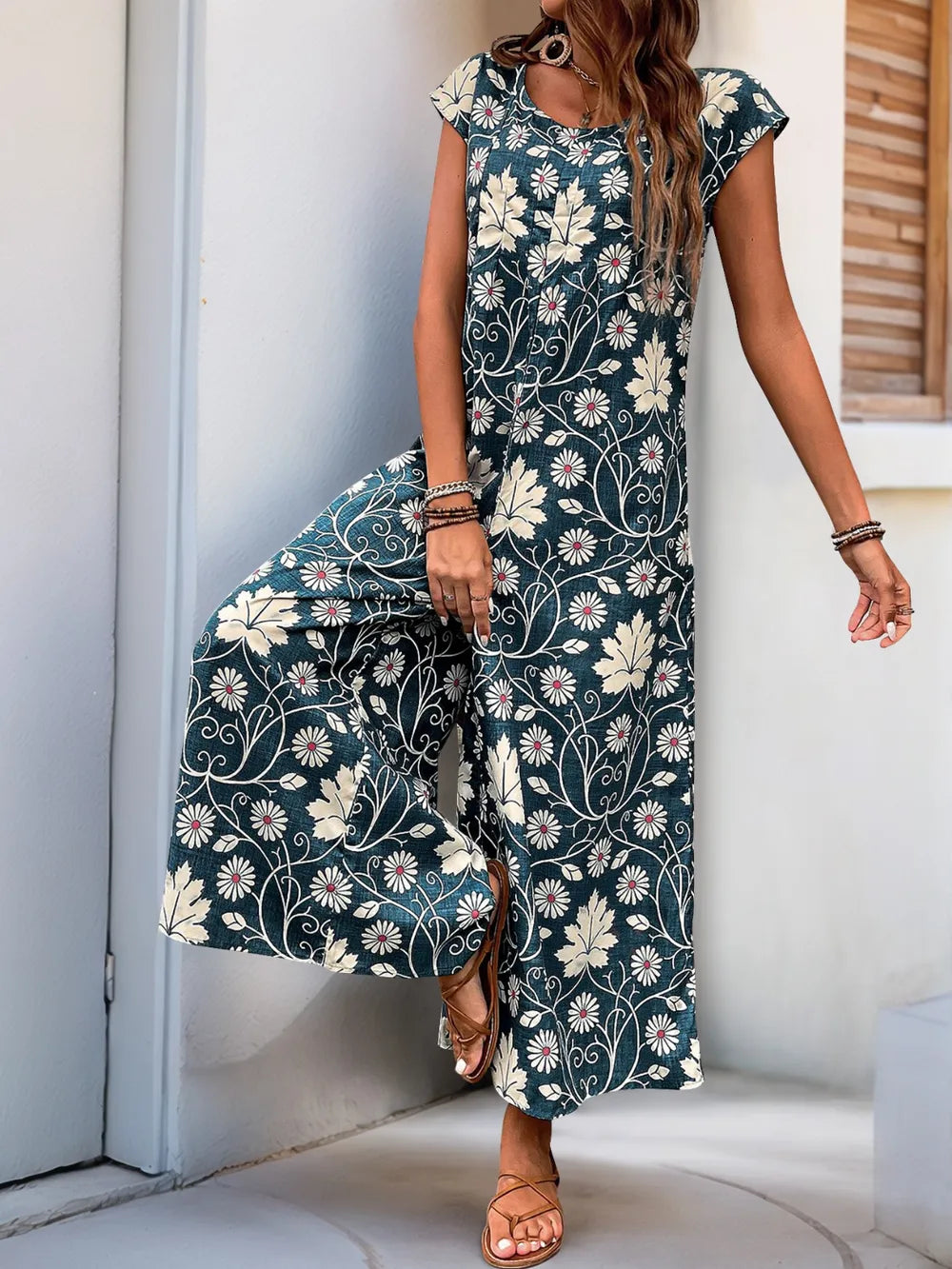 Printed Round Neck Cap Sleeve Wide Leg Jumpsuit (16)