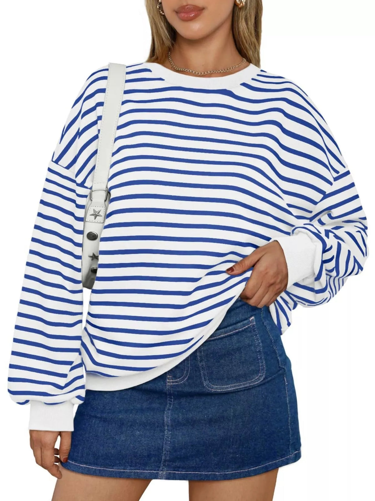 Striped Round Neck Oversized Casual Sweatshirt (20)