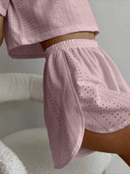 Eyelet Round Neck Top Shorts Set (7)