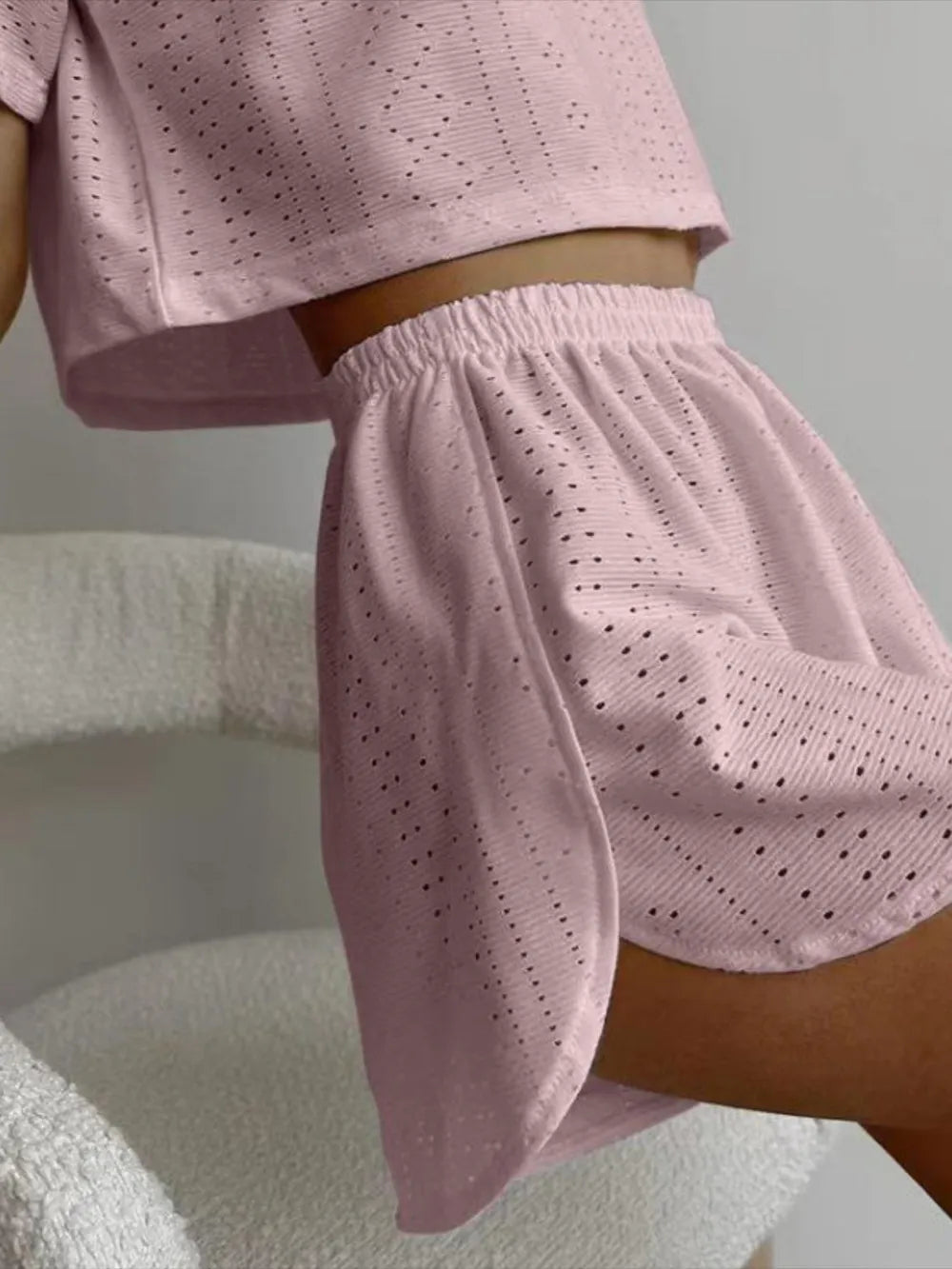 Eyelet Round Neck Top Shorts Set (7)