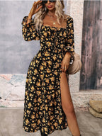 Floral Print Square Neck Flounce Sleeve Dress Side Slit (7)