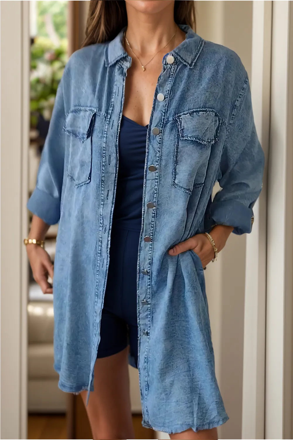 Full Size Pocketed Button Up Long Sleeve Denim Jacket (2)