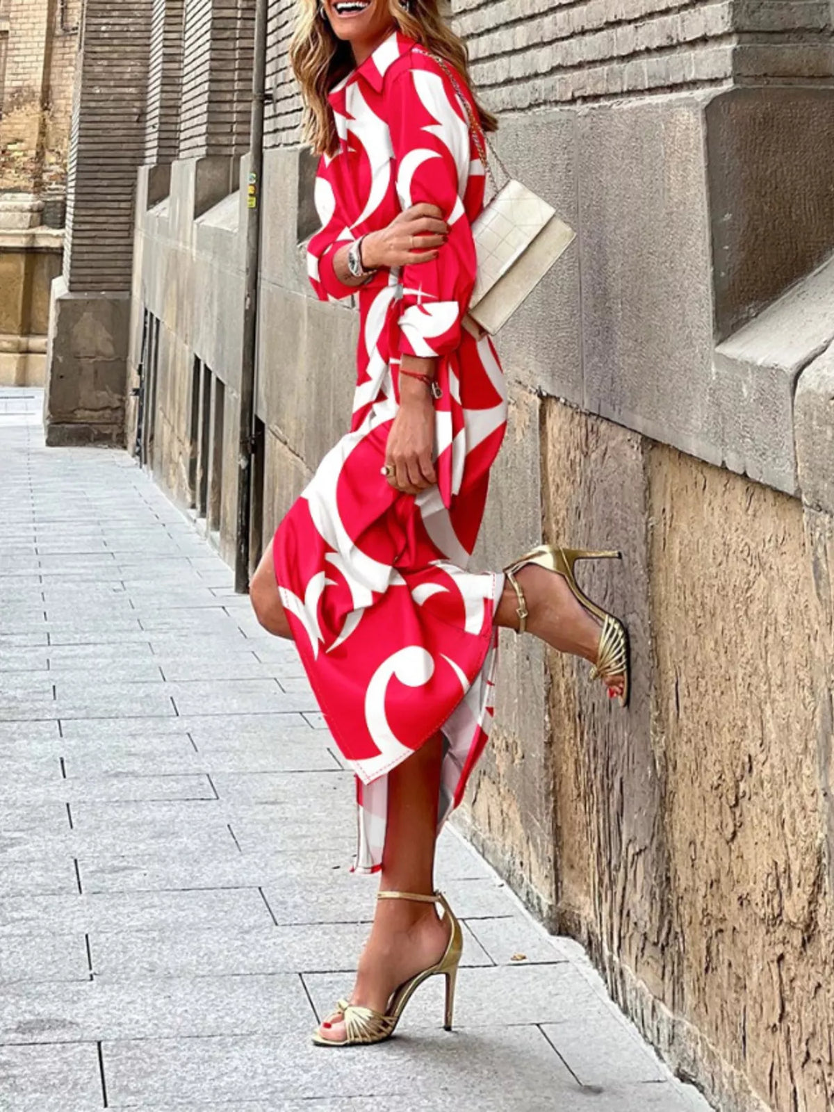 Printed Collared Neck Shirt Dress (6)
