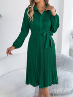 Pleated Tie Waist Balloon Sleeve Dress (7)