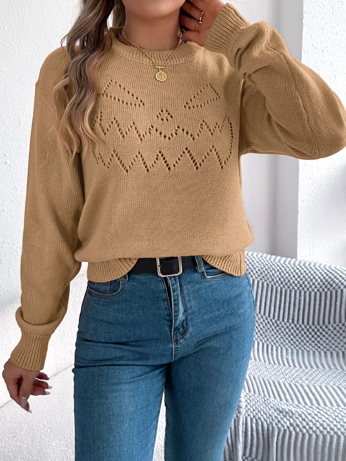 Openwork Round Neck Long Sleeve Sweater (13)