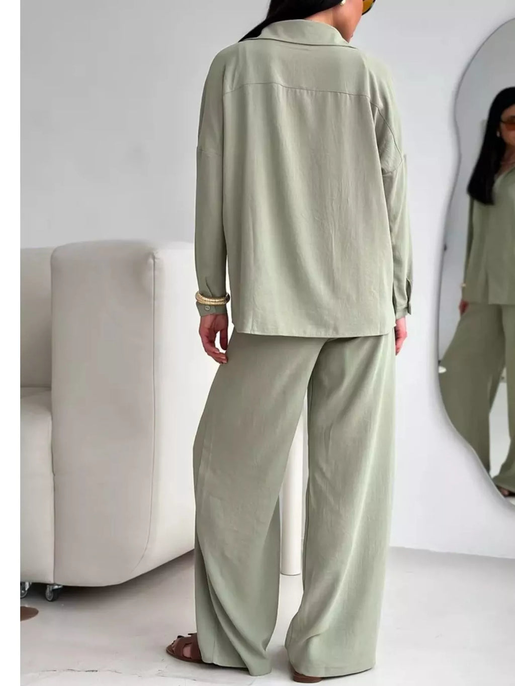 Relaxed Fit Shirt Wide Leg Pants Set (9)