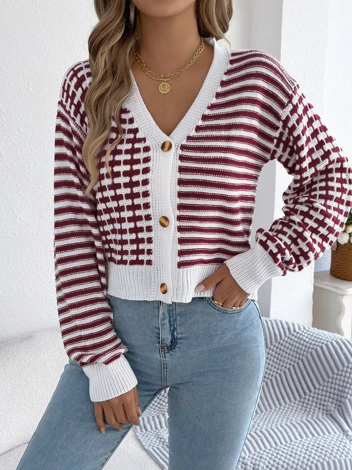 Striped Button-up Cropped Cardigan (4)