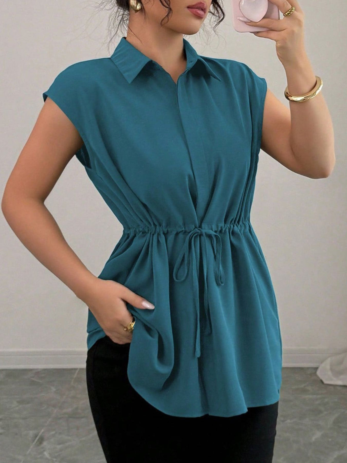 Drawstring Waist Cap Sleeve Shirt (24)