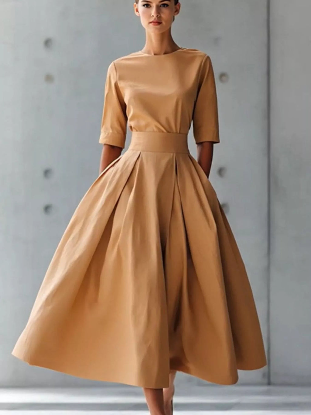 Round Neck A-line Midi Dress