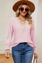 Eyelet V-neck Flounce Sleeve T-shirt (5)