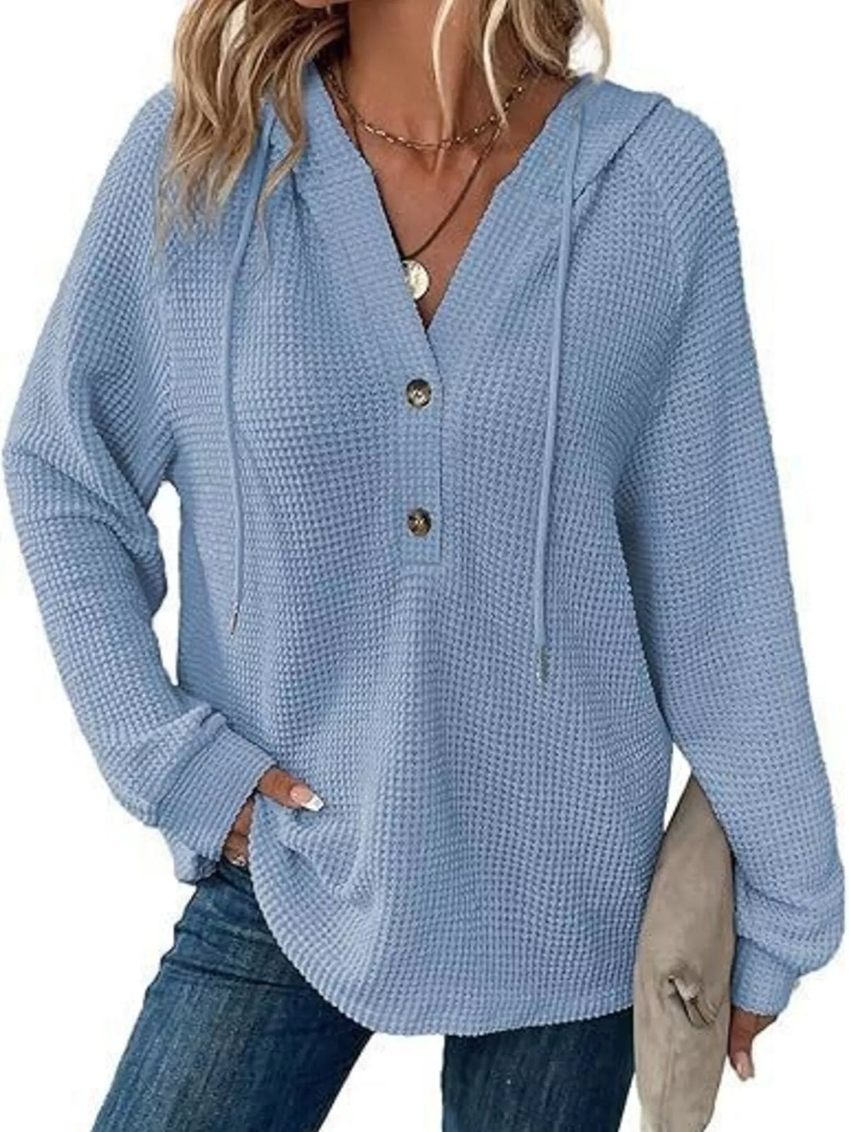 Full Size Button Detail Waffle Knit Hoodie Plus (26)