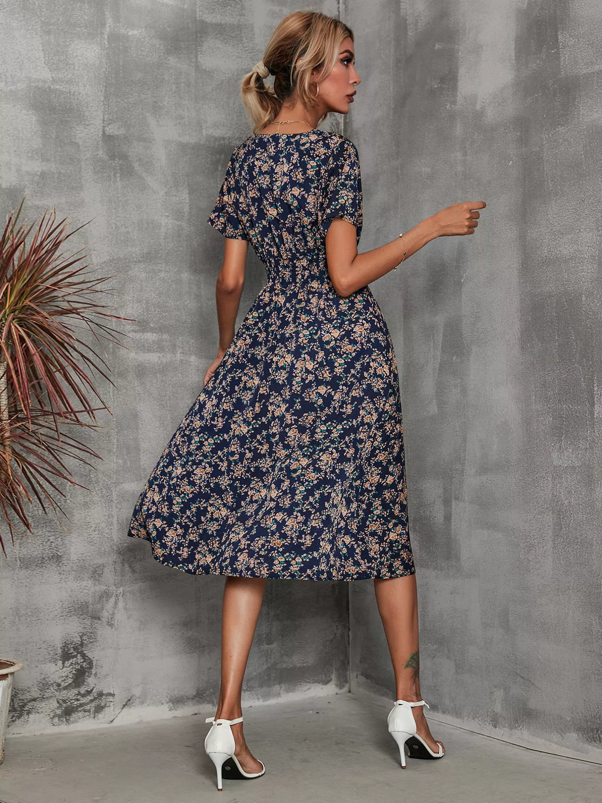 Printed Short Sleeve Midi Dress (16)