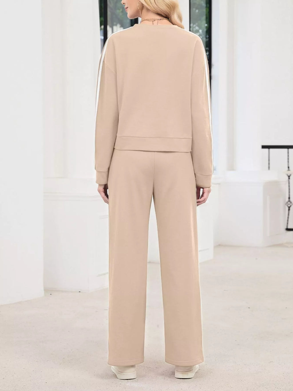 Striped Round Neck Sweatshirt Pants Set (5)