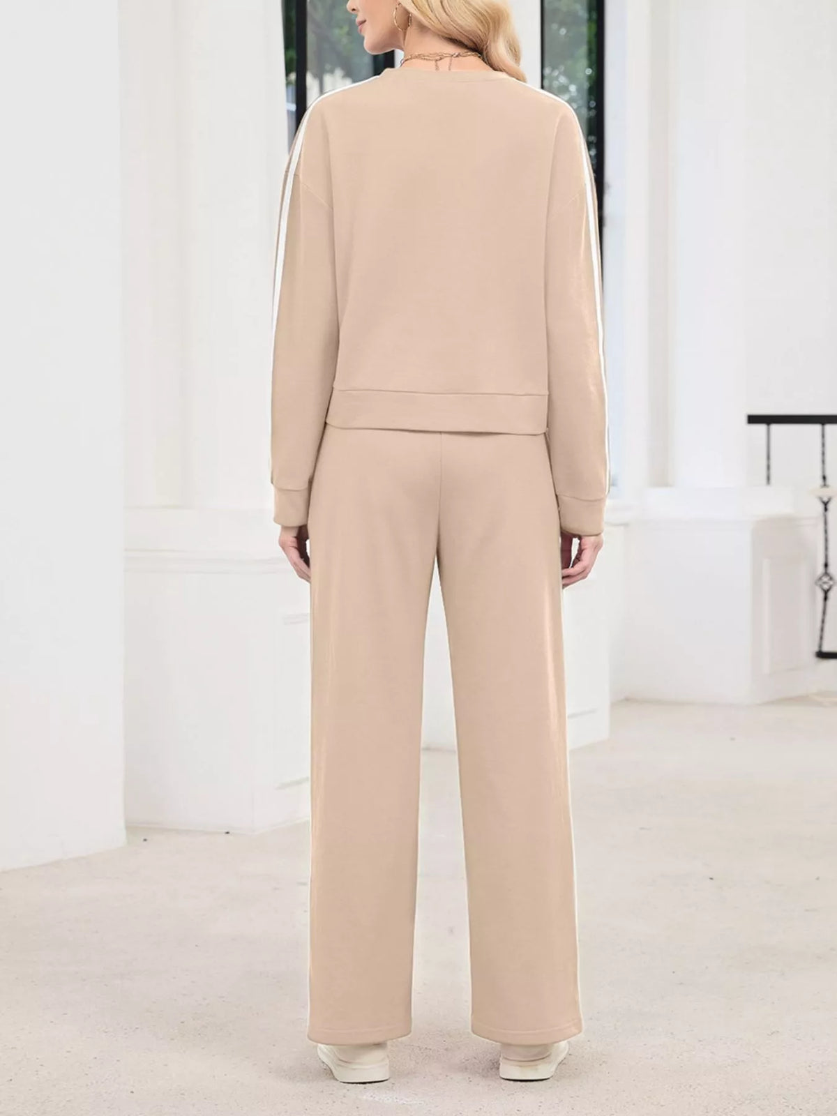 Striped Round Neck Sweatshirt Pants Set (5)