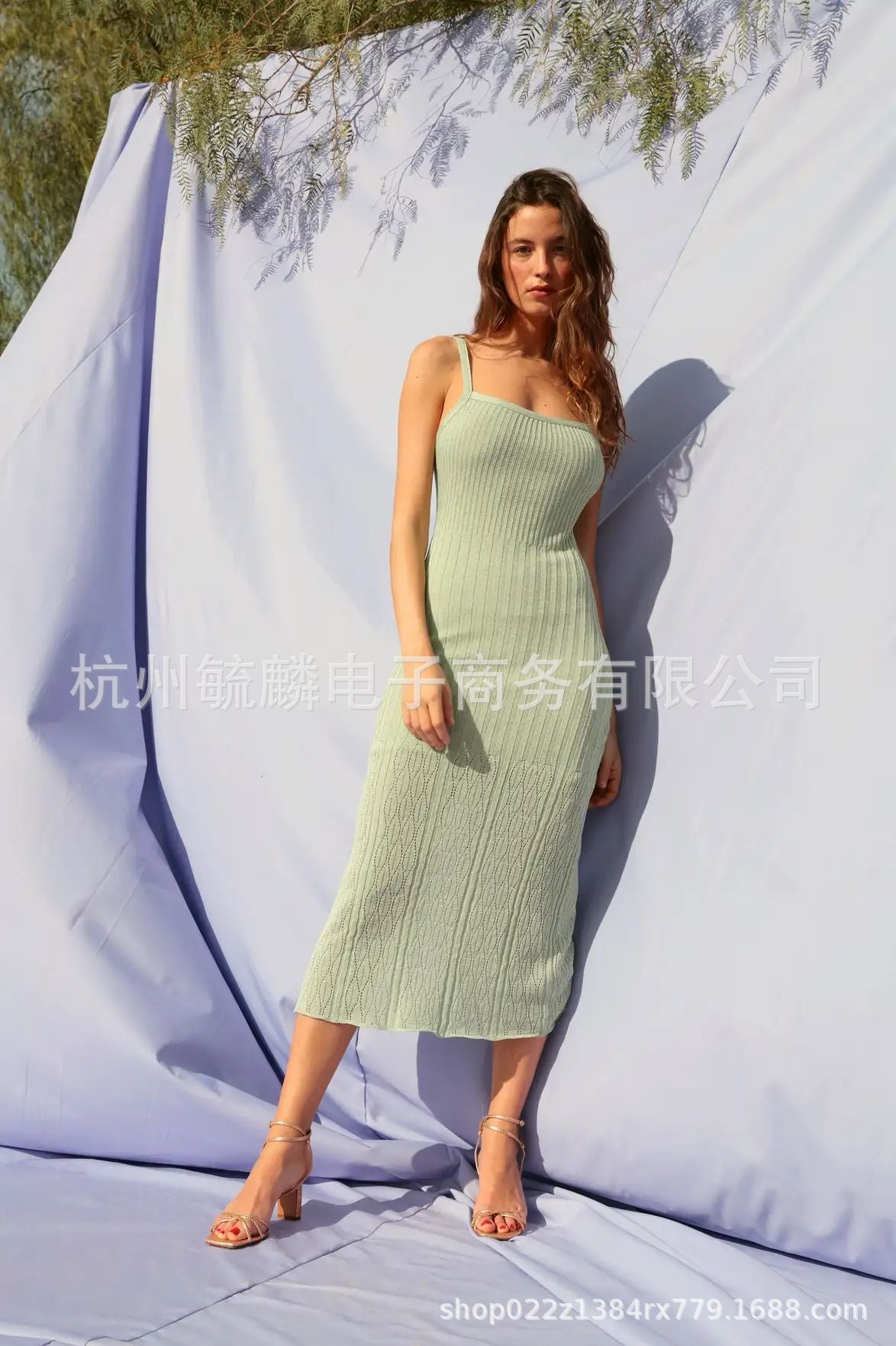 Summer Thin Hollow High Elastic Ice Silk Midi Dress variant CJLY197515001AZ|CJLY197515002BY|CJLY197515003CX