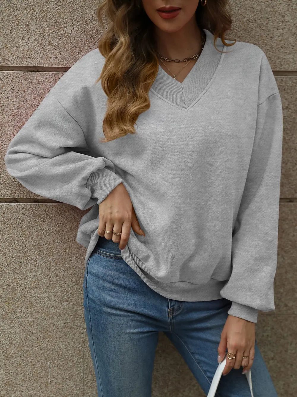 V-neck Long Sleeve Dropped Shoulder Sweatshirt (6)