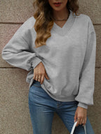 V-neck Long Sleeve Dropped Shoulder Sweatshirt (6)