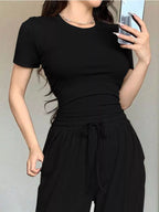 Solid Color Short Sleeve Crop Top Wide Leg Pants Set (11)
