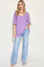 Full Size Bamboo V-neck Drop Shoulder T-shirt (21)