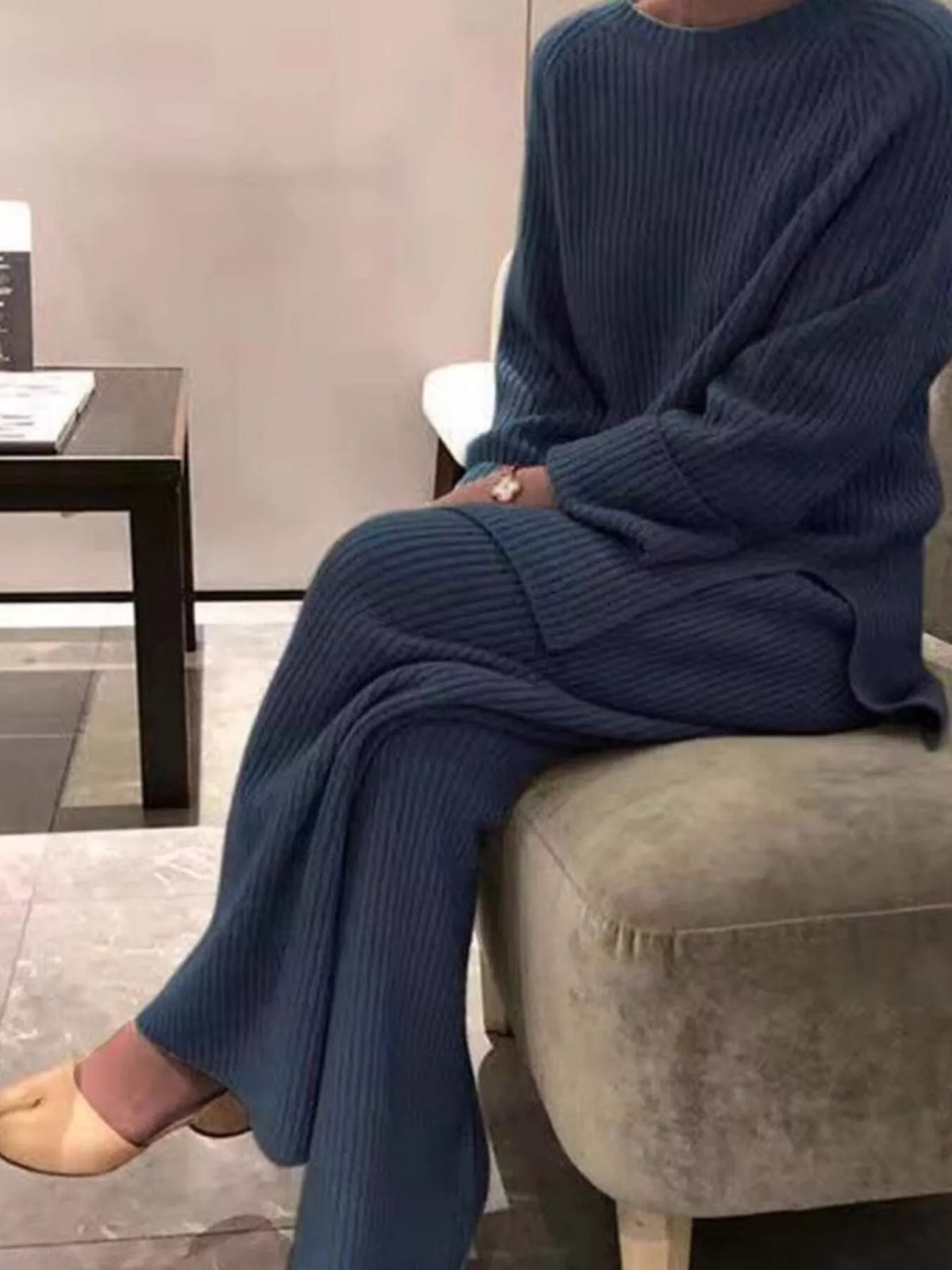 Full Size Ribbed Knit Relaxed Fit Top Pants Sweater Set Plus (7)