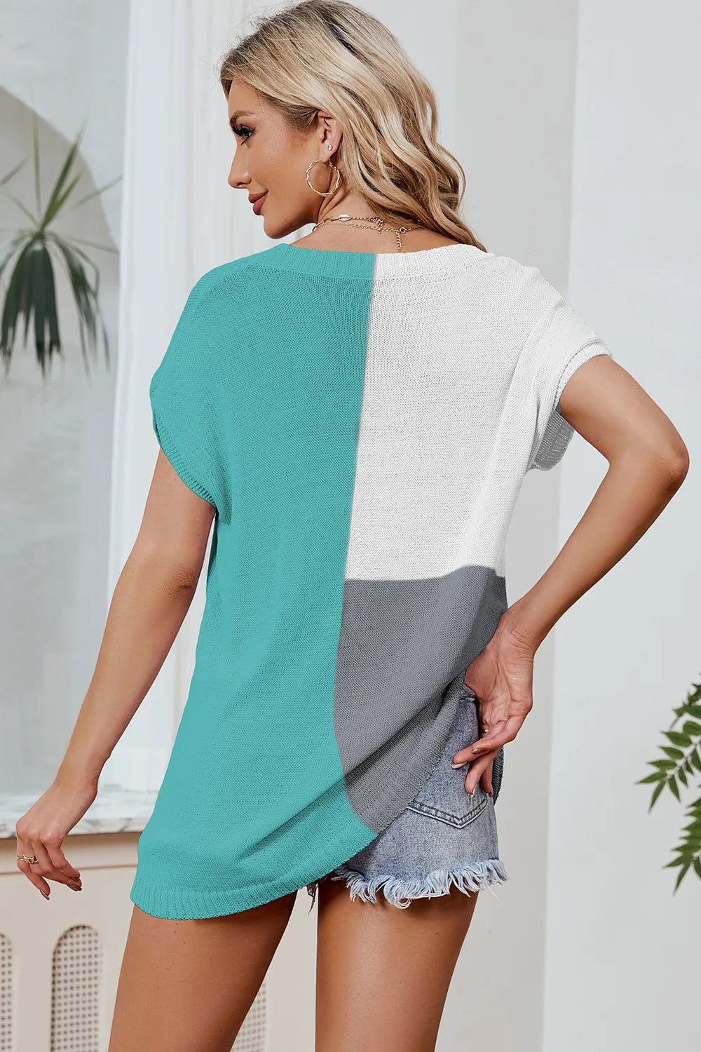 Block V-neck Short Sleeve Knit Top (9)