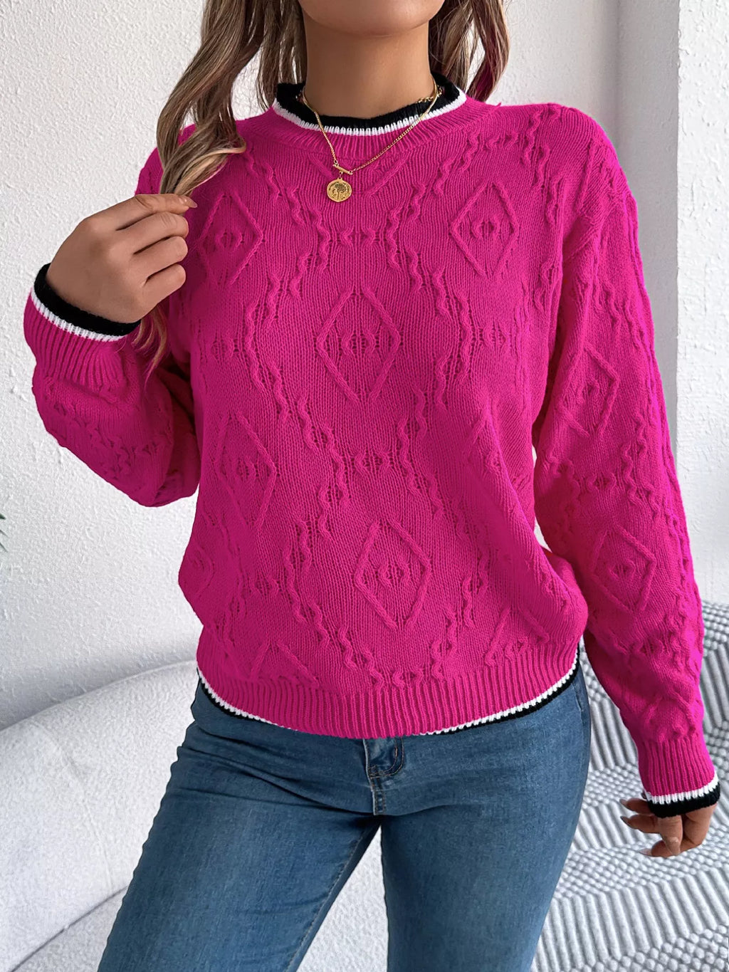 Contrast Trim Round Neck Sweater (4)