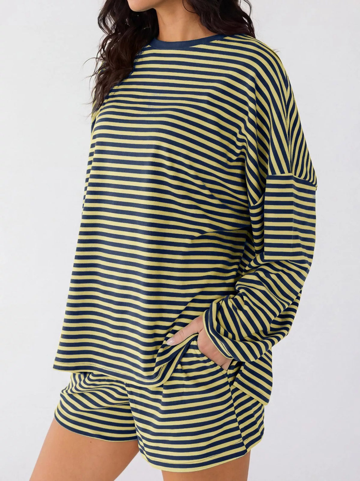 Casual Striped Long Sleeve Top Shorts Set (14)