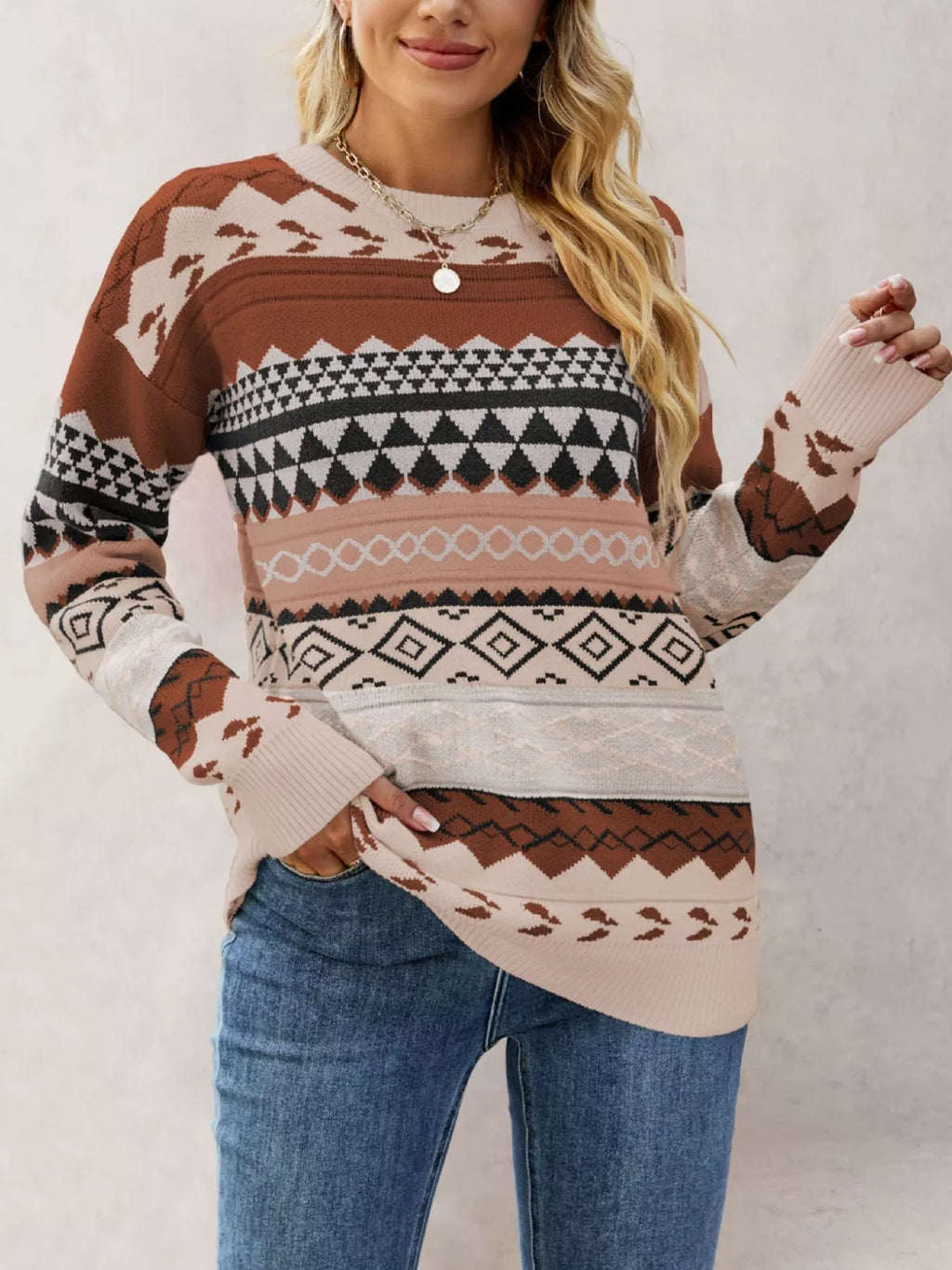 Geometric Pattern Dropped Shoulder Sweater (2)