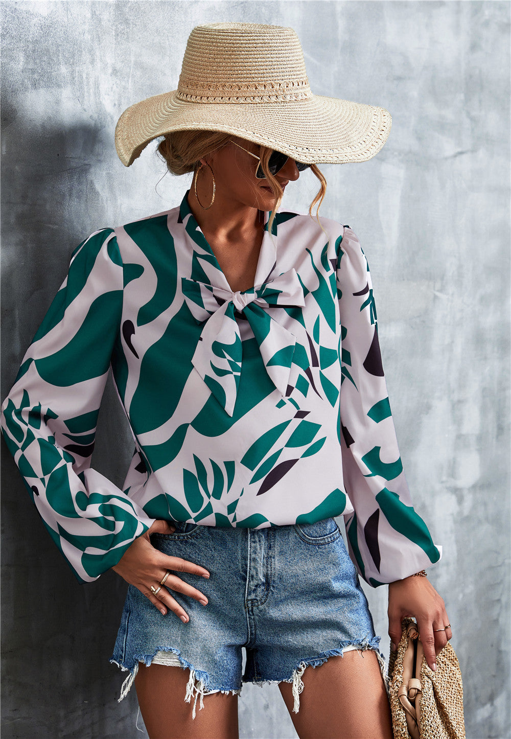 Printed Tie Neck Puff Sleeve Blouse (11)