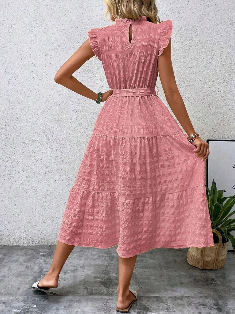 Tied Ruffled Cap Sleeve Midi Dress (31)