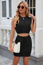 Round Neck Sleeveless Top Drawstring Skirt Set (19)