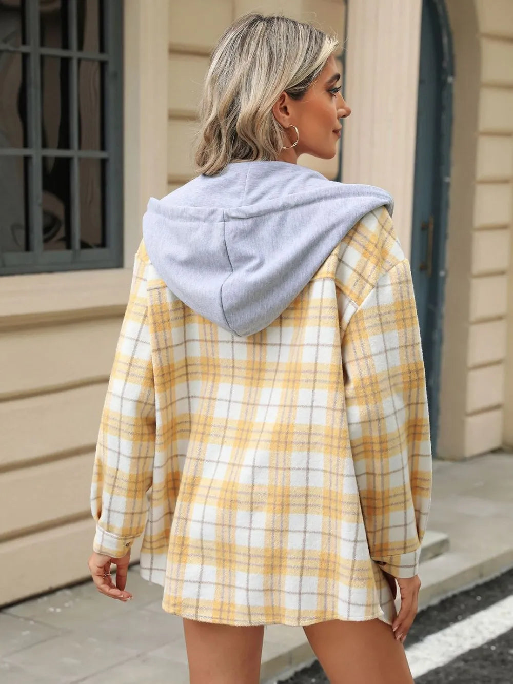 Drawstring Plaid Button Up Hooded Jacket (12)