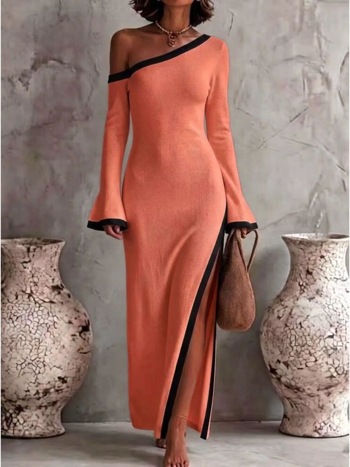 Slit One-shoulder Contrast Trim Maxi Dress (7)