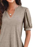 Puff Sleeve Notched Casual T-shirt (8)