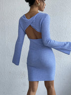 Backless Round Neck Long Sleeve Sweater Dress (4)